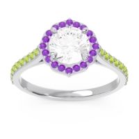 Lab Diamond Ring In 14k White Gold With Amethyst And Peridot Pulla Round Halo Ring
