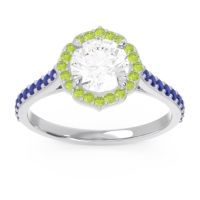 Lab Diamond Ring In 14k White Gold With Peridot And Blue Sapphire Pulla Round Halo Ring