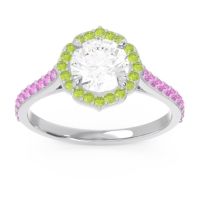 Lab Diamond Ring In 14k White Gold With Peridot And Pink Tourmaline Pulla Round Halo Ring