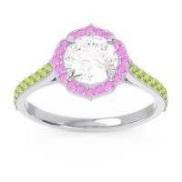 Lab Diamond Ring In 14k White Gold With Pink Tourmaline And Peridot Pulla Round Halo Ring