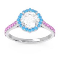 Lab Diamond Ring In 14k White Gold With Swiss Blue Topaz And Pink Tourmaline Pulla Round Halo Ring