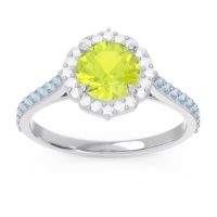 Peridot Ring In Palladium With Diamond And Aquamarine Pulla Round Halo Ring