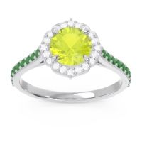 Peridot Ring In Palladium With Diamond And Emerald Pulla Round Halo Ring
