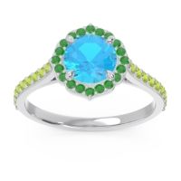 Swiss Blue Topaz Ring In 14k White Gold With Emerald And Peridot Pulla Round Halo Ring