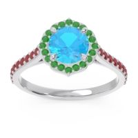 Swiss Blue Topaz Ring In 14k White Gold With Emerald And Ruby Pulla Round Halo Ring