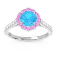 Swiss Blue Topaz Engagement Ring In Palladium With Pink Tourmaline And Diamond - Pulla Round Halo Ring