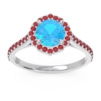 Swiss Blue Topaz Ring In 14k White Gold With Ruby Pulla Round Halo Ring