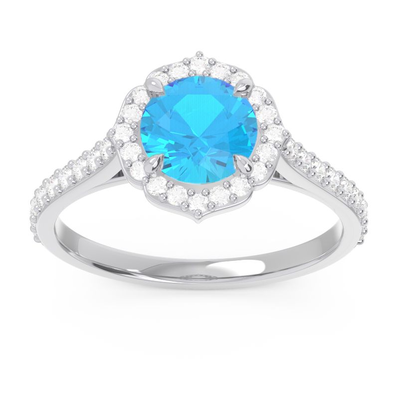 Halo Pave Pulla Swiss Blue Topaz Ring with Diamond in 14k White Gold