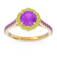 Amethyst Ring In 14k Yellow Gold With Peridot Pulla Round Halo Ring