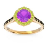 Amethyst Ring In 14k Yellow Gold With Peridot And Black Onyx Pulla Round Halo Ring