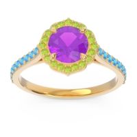 Amethyst Ring In 14k Yellow Gold With Peridot And Swiss Blue Topaz Pulla Round Halo Ring