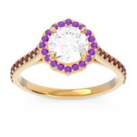 Lab Diamond Ring In 14k Yellow Gold With Amethyst And Garnet Pulla Round Halo Ring