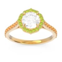 Lab Diamond Ring In 18k Yellow Gold With Peridot And Citrine Pulla Round Halo Ring