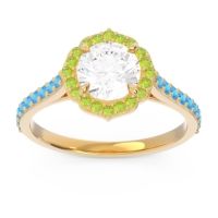 Lab Diamond Ring In 14k Yellow Gold With Peridot And Swiss Blue Topaz Pulla Round Halo Ring