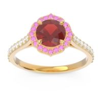 Garnet Engagement Ring In 18k Yellow Gold With Pink Tourmaline And Diamond - Pulla Round Halo Ring