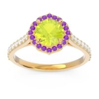 Peridot Engagement Ring In 14k Yellow Gold With Amethyst And Diamond - Pulla Round Halo Ring
