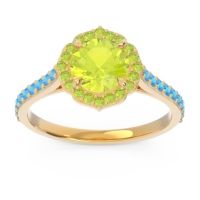 Peridot Ring In 14k Yellow Gold With Swiss Blue Topaz Pulla Round Halo Ring