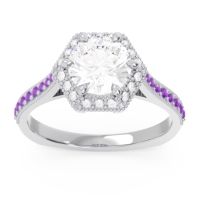 Diamond Ring In 14k White Gold With Amethyst Karkata Round Halo Ring