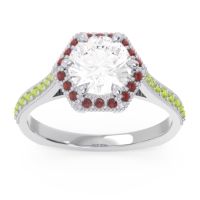 Diamond Ring In Palladium With Garnet And Peridot Karkata Round Halo Ring