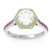 Diamond Ring In Palladium With Peridot And Ruby Karkata Round Halo Ring