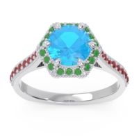 Swiss Blue Topaz Ring In 14k White Gold With Emerald And Ruby Karkata Round Halo Ring
