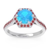 Swiss Blue Topaz Ring In 14k White Gold With Ruby Karkata Round Halo Ring