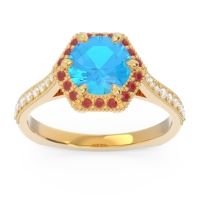 Swiss Blue Topaz Engagement Ring In 18k Yellow Gold With Ruby And Diamond - Karkata Round Halo Ring