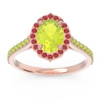 Peridot Ring In 18K Rose Gold With Ruby Tapas Oval Halo Ring
