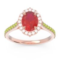 Lab Ruby Ring In 14K Rose Gold With Diamond And Peridot Tapas Oval Halo Ring