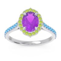 Amethyst Ring In Palladium With Peridot And Swiss Blue Topaz Tapas Oval Halo Ring