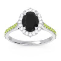 Black Onyx Ring In 14k White Gold With Diamond And Peridot Tapas Oval Halo Ring