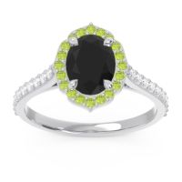 Black Onyx Engagement Ring In 14k White Gold With Peridot And Diamond - Tapas Oval Halo Ring