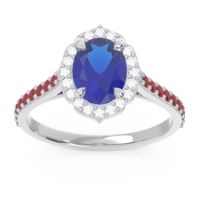 Lab Blue Sapphire Ring In 14k White Gold With Lab Diamond And Ruby Tapas Oval Halo Ring