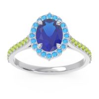 Lab Blue Sapphire Ring In Palladium With Swiss Blue Topaz And Peridot Tapas Oval Halo Ring