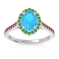 Swiss Blue Topaz Ring In 14k White Gold With Emerald And Ruby Tapas Oval Halo Ring