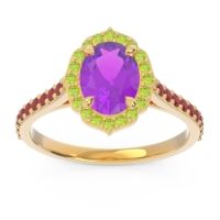 Amethyst Ring In 14k Yellow Gold With Peridot And Ruby Tapas Oval Halo Ring
