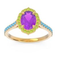 Amethyst Ring In 14k Yellow Gold With Peridot And Swiss Blue Topaz Tapas Oval Halo Ring