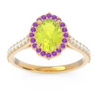 Peridot Engagement Ring In 14k Yellow Gold With Amethyst And Diamond - Tapas Oval Halo Ring