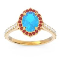 Swiss Blue Topaz Engagement Ring In 18k Yellow Gold With Ruby And Diamond - Tapas Oval Halo Ring