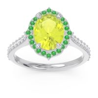 Peridot Engagement Ring In Palladium With Emerald And Diamond - Prasava Oval Halo Ring