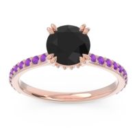 Black Onyx Ring In 18K Rose Gold With Lab Diamond And Amethyst Veda Round Classic Ring