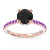 Black Onyx Ring In 18K Rose Gold With Swiss Blue Topaz And Amethyst Veda Round Classic Ring