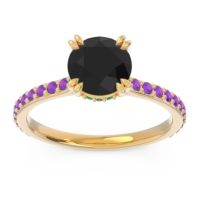 Black Onyx Ring In 14k Yellow Gold With Emerald And Amethyst Veda Round Classic Ring