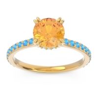 Citrine Ring In 14k Yellow Gold With Aquamarine And Swiss Blue Topaz Veda Round Classic Ring