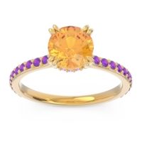 Citrine Ring In 14k Yellow Gold With Pink Tourmaline And Amethyst Veda Round Classic Ring