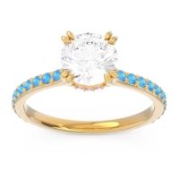 Diamond Ring In 14k Yellow Gold With Pink Tourmaline And Swiss Blue Topaz Veda Round Classic Ring