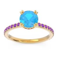 Swiss Blue Topaz Ring In 14k Yellow Gold With Ruby And Amethyst Veda Round Classic Ring