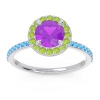 Amethyst Ring In Palladium With Peridot And Swiss Blue Topaz Citraka Round Halo Ring