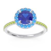 Lab Blue Sapphire Ring In Palladium With Swiss Blue Topaz And Peridot Citraka Round Halo Ring