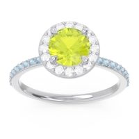 Peridot Ring In Palladium With Diamond And Aquamarine Citraka Round Halo Ring